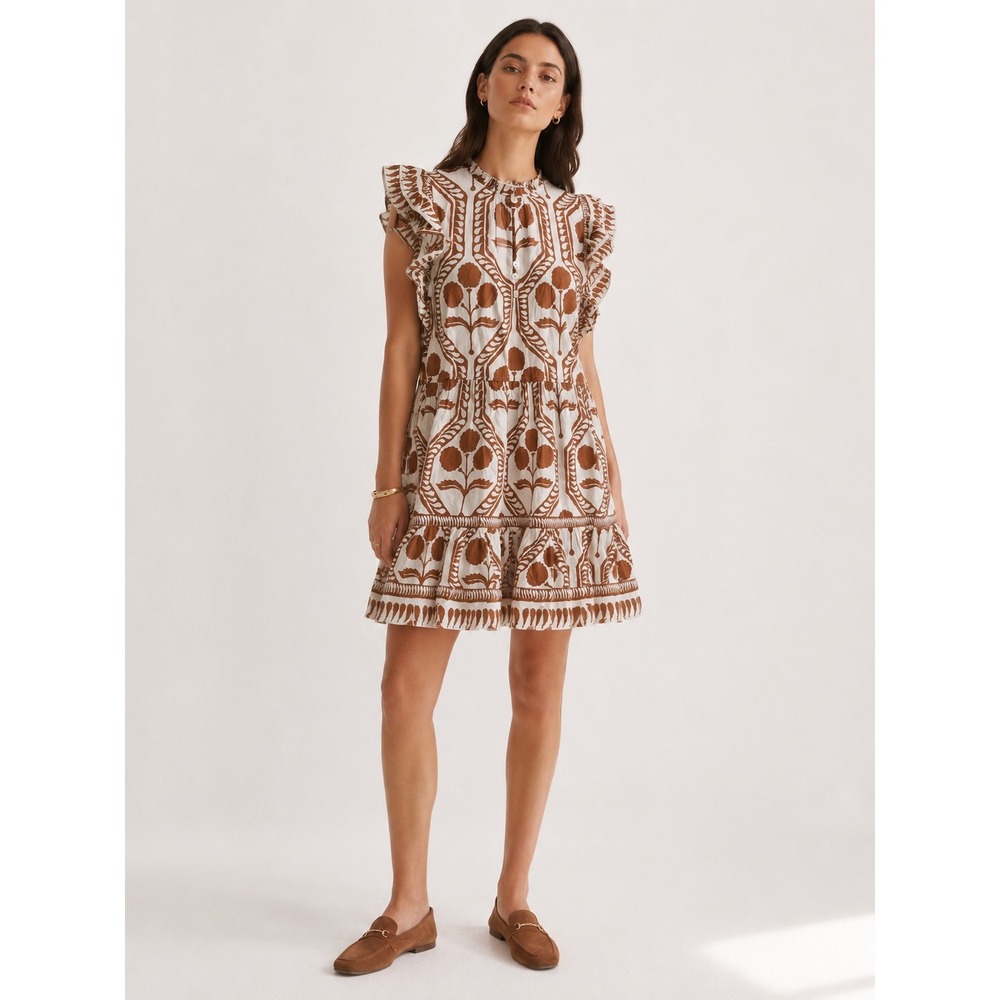 Omika Brown Floral Block Print Ruffle Mini Dress XS Handmade Modal Tiered Boho
